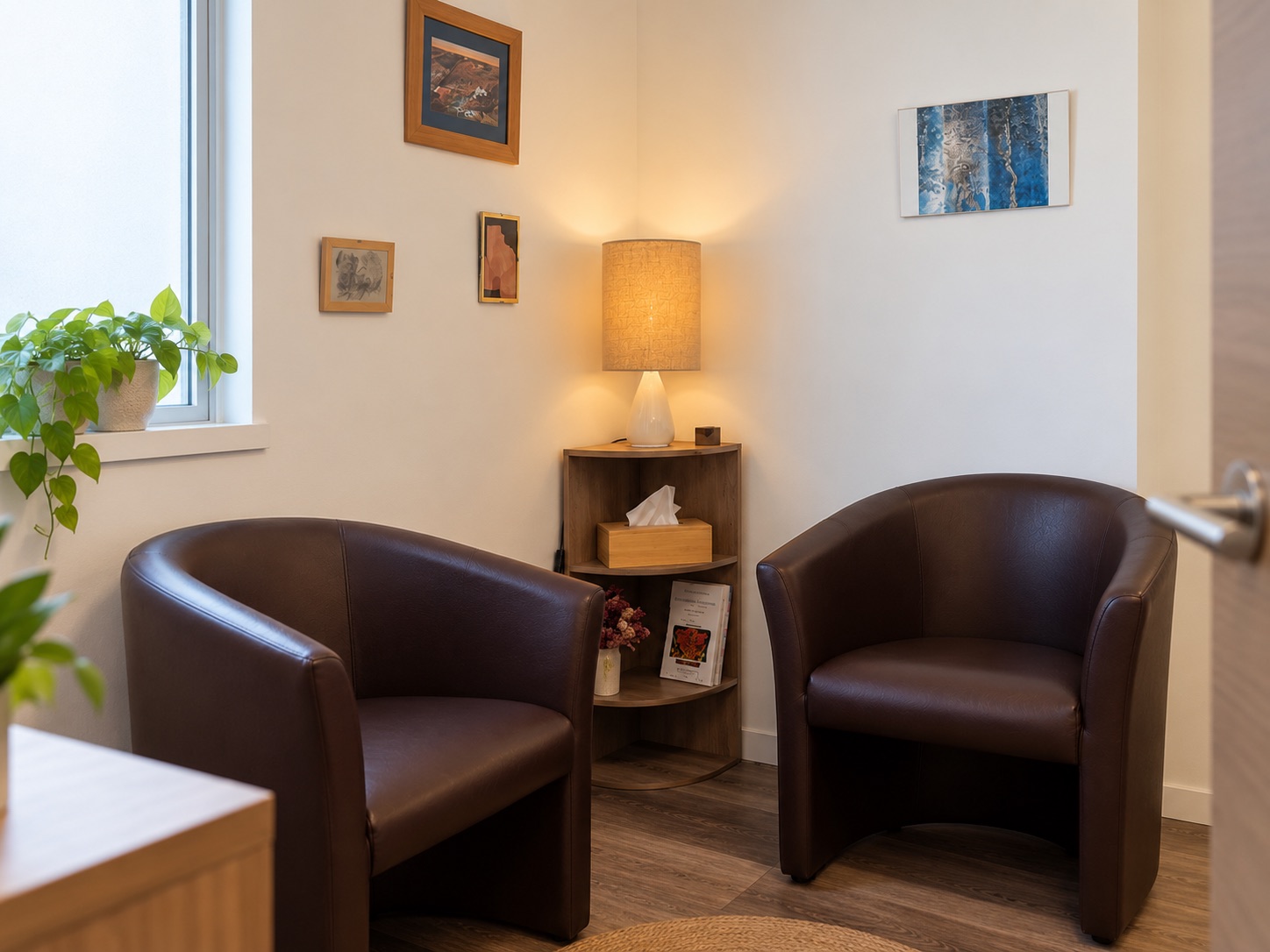 L'espace d'accueil du cabinet d'Isabelle Charpentier-Espert à La Chapelle-sur-Erdre : deux fauteuils et une lampe d'appoint